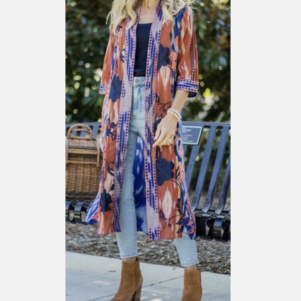 Soft Surroundings Embroidered Kimono Duster Size Medium Blue Orange